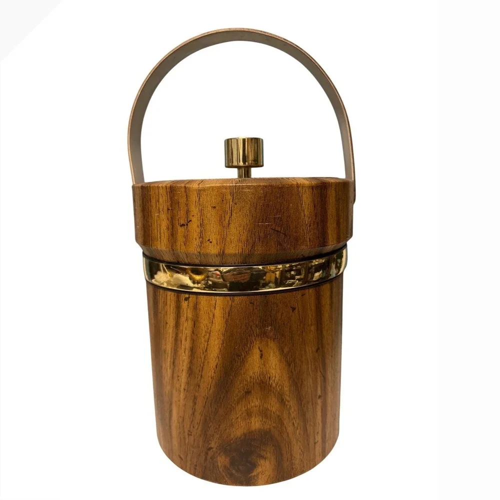 Vintage Mid Century Modern Wood Grain Ice‎ Bucket Gold Trim MCM Barware